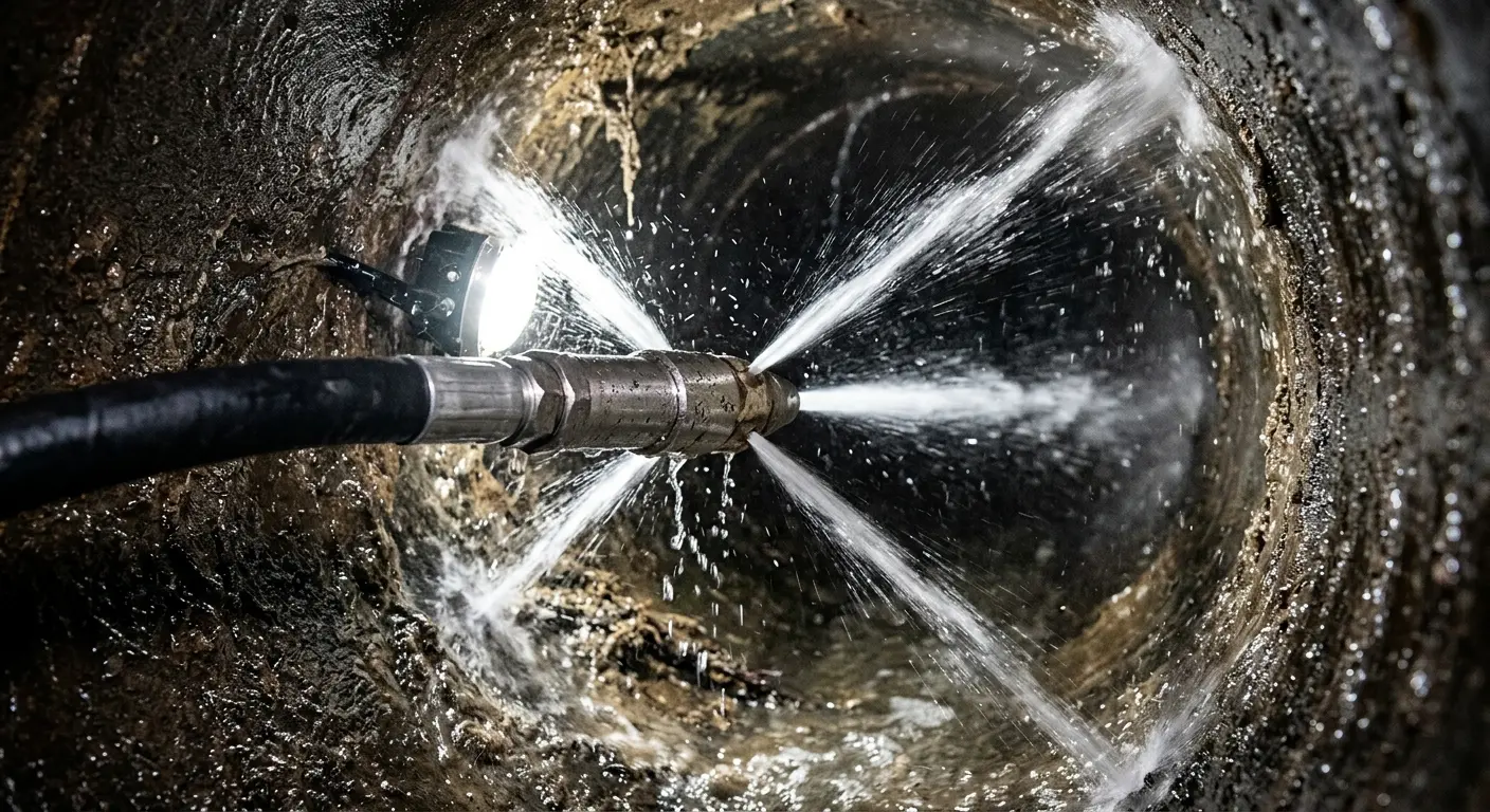 High-pressure hydro jetting nozzle cleaning sewer pipe for Sewer Cleanout in Southfield