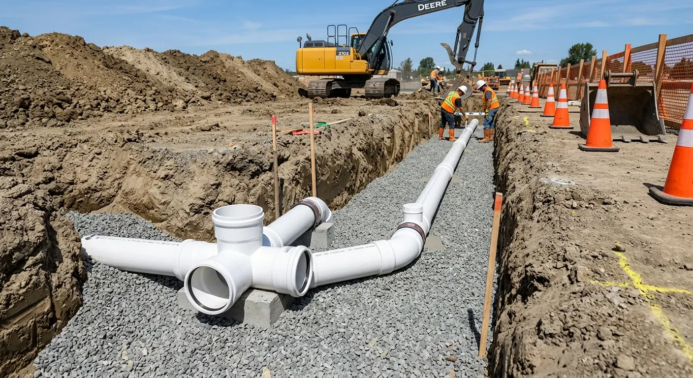New PVC sewer pipe installation in open trench for Commercial Drain Cleaning in Southfield