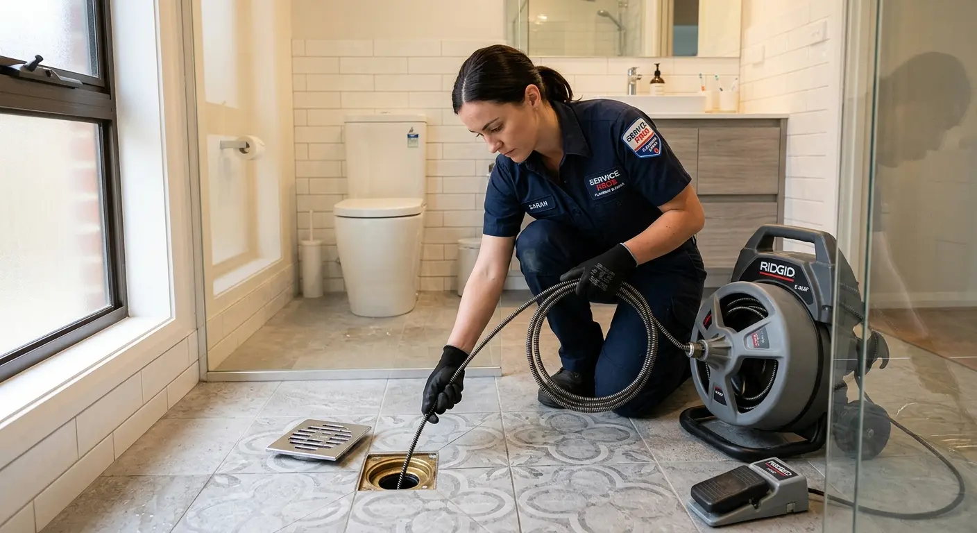 Technician clearing a bathroom floor drain for Drain Cleaning in Southfield